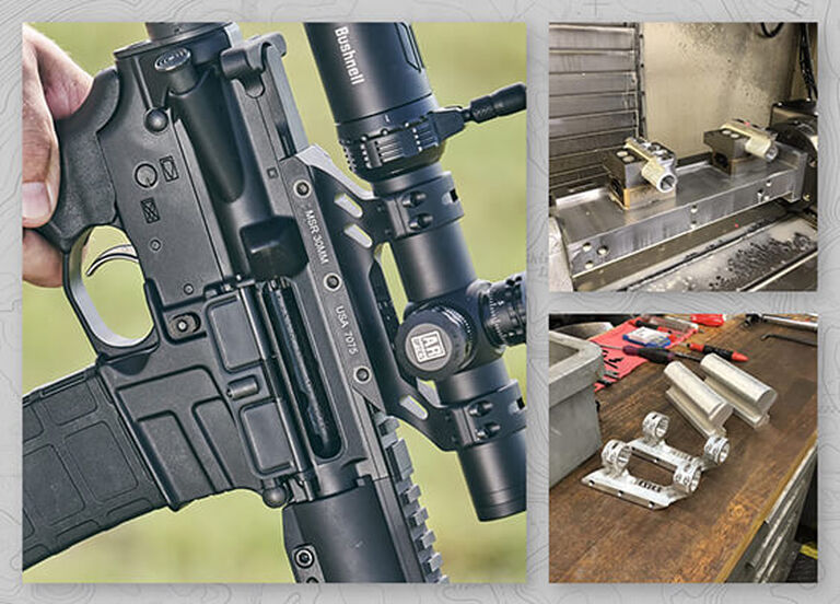 Collage of Weaver Premium MSR Optics Mount during the machining process and mounted on a rifle